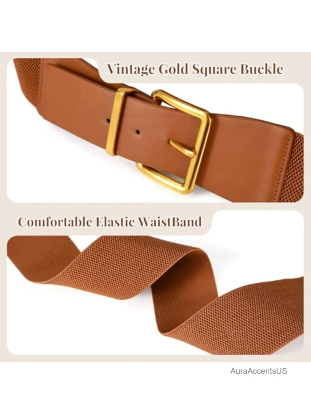 Vintage Stretchy Wide Elastic Belt with Gold Chunky Buckle for Dresses
